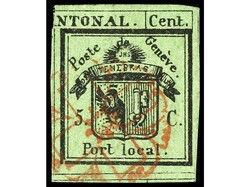 SUIZA. 1843. GENÈVE. Medio doble de Ginebra. 5 c. verde. Perfecto ...