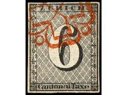 SUIZA. 1843. 6 Rp. negro, mat. roseta, líneas de fondo horizontal. ...