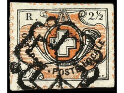 SUIZA. 1850. 2 1/2 Rp. rojo. Papel algo adelgazado (slightly thinned) ...