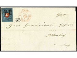 SUIZA. 1850. Envuelta a WITTENBACH. 5 Rp. azul y rojo, mat. P.P. en ...