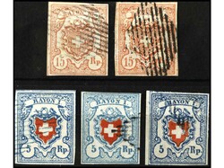 SUIZA. 5 Rp. azul claro y rojo. 3 ejemplares, 2 cert. VON DER WEID y ...