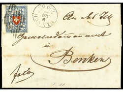 SUIZA. 1851. Envuelta de UZNACH a BENKEN. 5 Rp. azul claro y rojo, ...
