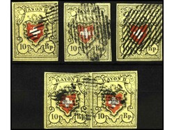 SUIZA. 1850. 10 Rp. amarillo y rojo. 3 sellos sueltos (2 con cert. A. ...