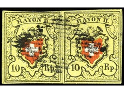 SUIZA. 1850. 10 Rp. amarillo y rojo. 3 sellos sueltos (2 con cert. A. ...