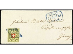 SUIZA. 1853. 10 Rp. rojo y amarillo, mat. parrilla azul de AARAU. Se ...
