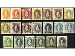 SUIZA. 1882. ENSAYOS DE COLOR. Conjunto de 20 sellos sobre papel ...