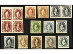 SUIZA. 1882. ENSAYOS DE COLOR. Conjunto de 16 sellos sobre papel ...