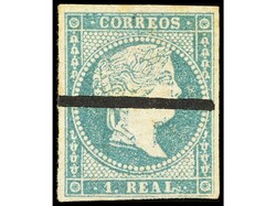 ESPAÑA. 1 real azul, con raya de tinta negra. MUESTRA. MUY RARO. Ed ...