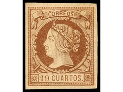ESPAÑA. 19 cuartos castaño, raya de tinta lavada al dorso, ...