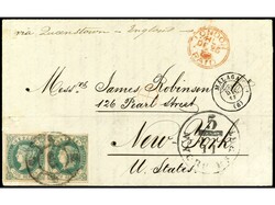 ESPAÑA. 1862. MÁLAGA a NEW YORK. 2 reales verde, pareja, mat. R.C. ...