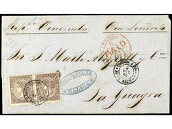ESPAÑA. 1865. MÁLAGA a LA GUAYRA (Venezuela). 2 reales violeta, ...