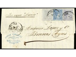 ESPAÑA. 1876. BARCELONA a BUENOS AIRES. 5 cts. gris, 10 cts. azul y ...