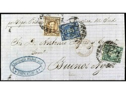 ESPAÑA. 1877. BARCELONA a BUENOS AIRES. 5 cts. sepia, 10 cts. azul y ...