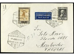 ESPAÑA. 1930. SEVILLA a MONTEVIDEO. 1 pta. negro y 10 pts. castaño ...