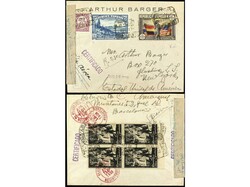 ESPAÑA. 1938. BARCELONA a NEW YORK. 45 cts. + 2 pts. azul y 1 pta. ...
