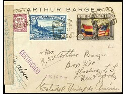 ESPAÑA. 1938. BARCELONA a NEW YORK. 45 cts. + 2 pts. azul y 1 pta. ...