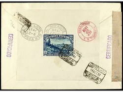 ESPAÑA. 1938. BARCELONA a NEW YORK. 45 cts. + 2 pts. azul en pareja ...