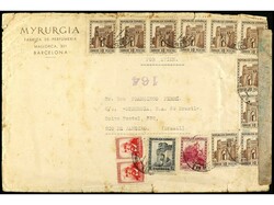 ESPAÑA. 1938. BARCELONA a BRASIL. Espectacular franqueo con 11 ...