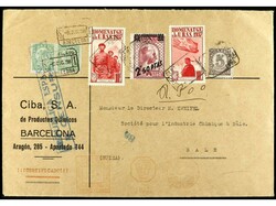 ESPAÑA. 1938. BARCELONA a SUIZA. 2,50 pts. sobre 25 cts., 5 cts. y ...