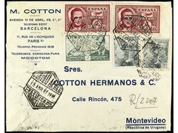 ESPAÑA. 1947. BARCELONA a URUGUAY. 40 cts., 50 cts., 2 pts. y 10 pts ...