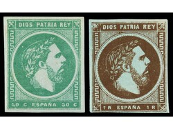 ESPAÑA. 50 cts.y 1 real sobre PAPEL AZULADO. Ed.160/61p.