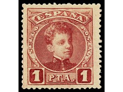 ESPAÑA. 1 peseta carmín. Espectacular salto de peine. Raro en esta ...