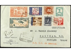 ESPAÑA. 1937. BARCELONA a U.S.A. Carta certificda. Precioso franqueo ...