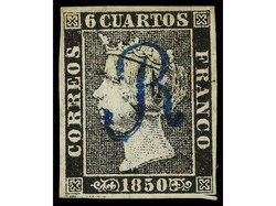 ESPAÑA. 6 cuartos negro pl. I tipo I. Mat. R de BARCELONA en azul. ...