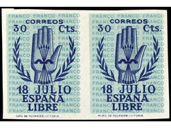 ESPAÑA. 30 cts. azul sobre azul claro. Pareja SIN DENTAR, LETRAS DEL ...