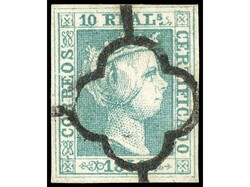 ESPAÑA. 10 reales verde, grandes márgenes, mat. dejando la carta de ...