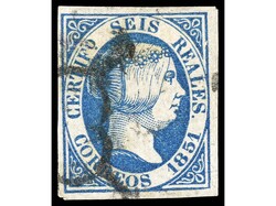 ESPAÑA. 6 reales azul. Grandes márgenes y fino matasellos. Cert. ...
