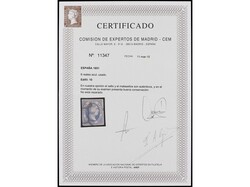 ESPAÑA. 6 reales azul. Grandes márgenes y fino matasellos. Cert. ...