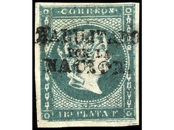 FILIPINAS. 1 real azul verdoso, HABILITADO POR LA NACIÓN. Firmado ...