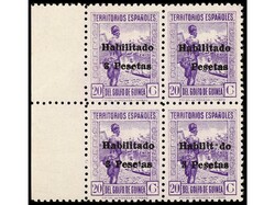 COLONIAS ESPAÑOLAS: GUINEA. 3 pts. sobre 20 cts. lila. Bloque de ...