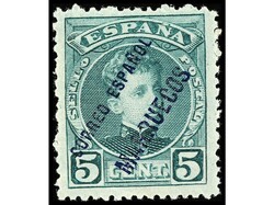 COLONIAS ESPAÑOLAS: MARRUECOS. 5 cts. verde, habilitación en azul ...