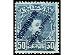 COLONIAS ESPAÑOLAS: MARRUECOS. 50 cts. azul, habilitación INVERTIDA ...