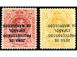 COLONIAS ESPAÑOLAS. 10 cts. rojo y 15 cts. amarillo, HABILITACIÓN ...