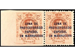 COLONIAS ESPAÑOLAS: MARRUECOS. 10 cts. rojo. Pareja, un sello SIN ...