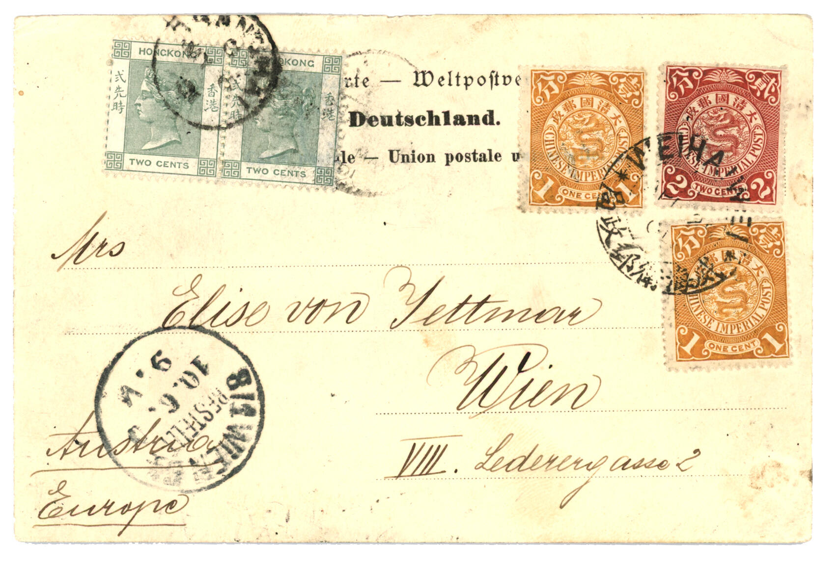 WEIHAIWEI : 1901 HONG-KONG 2c (x2) canc. SHANGHAI + CHINA 1c (x2) ...