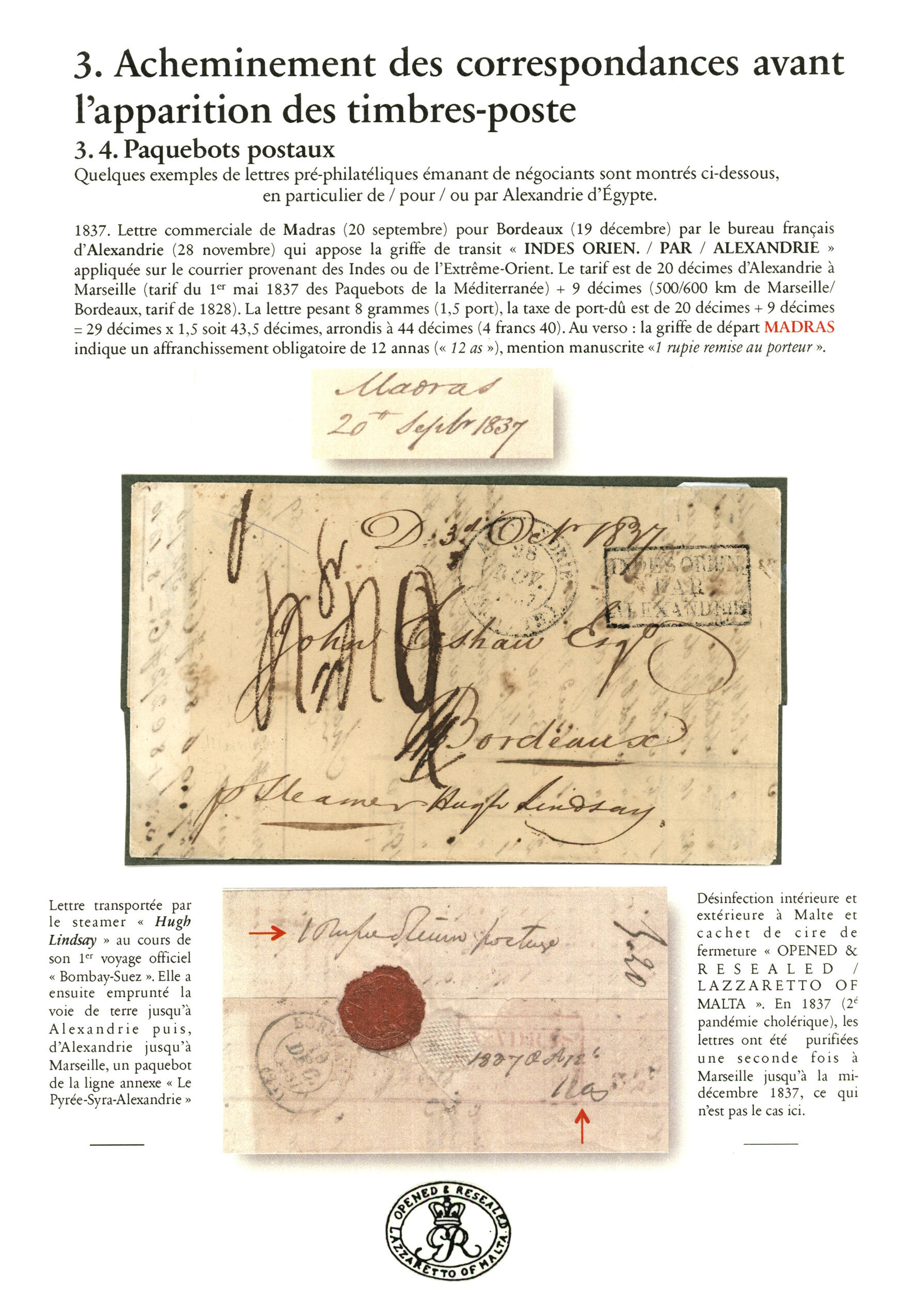INDIA : 1837 Boxed INDES ORIEN. / PAR / ALEXANDRIE on entire letter ...