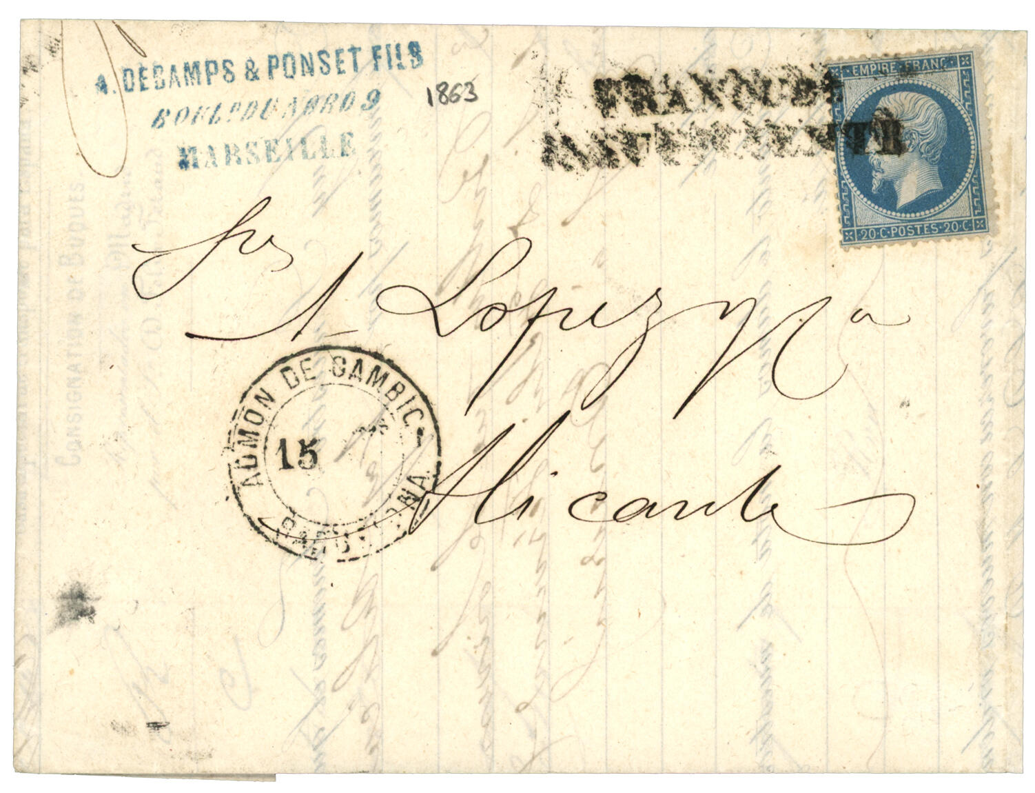 SPAIN : 1863 FRANCE 20c canc. by Spanish cachet FRANQUEO / ...