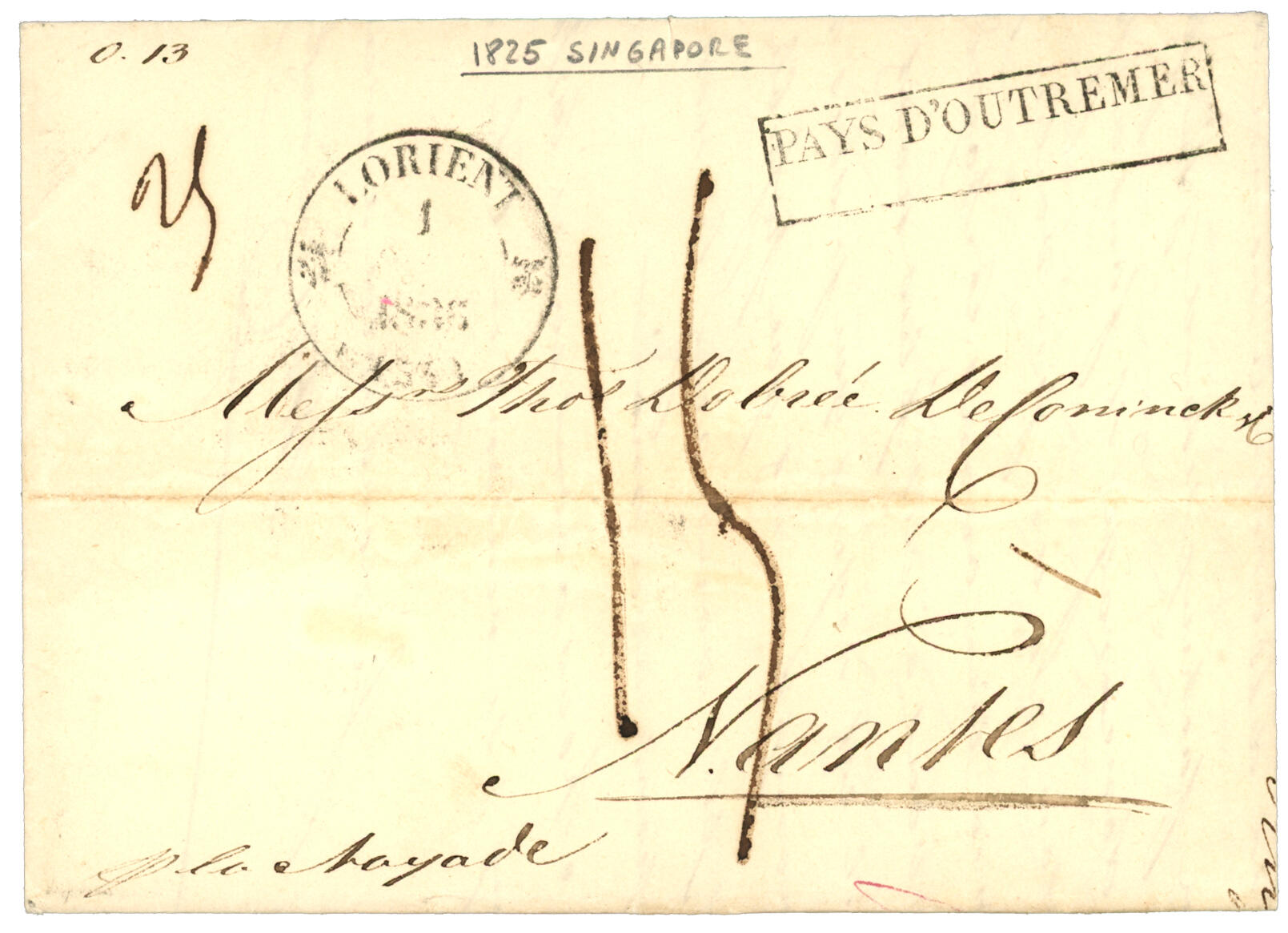 STRAITS SETTLEMENTS : 1843 Boxed PAYS D' OUTREMER + LORIENT on cover ...