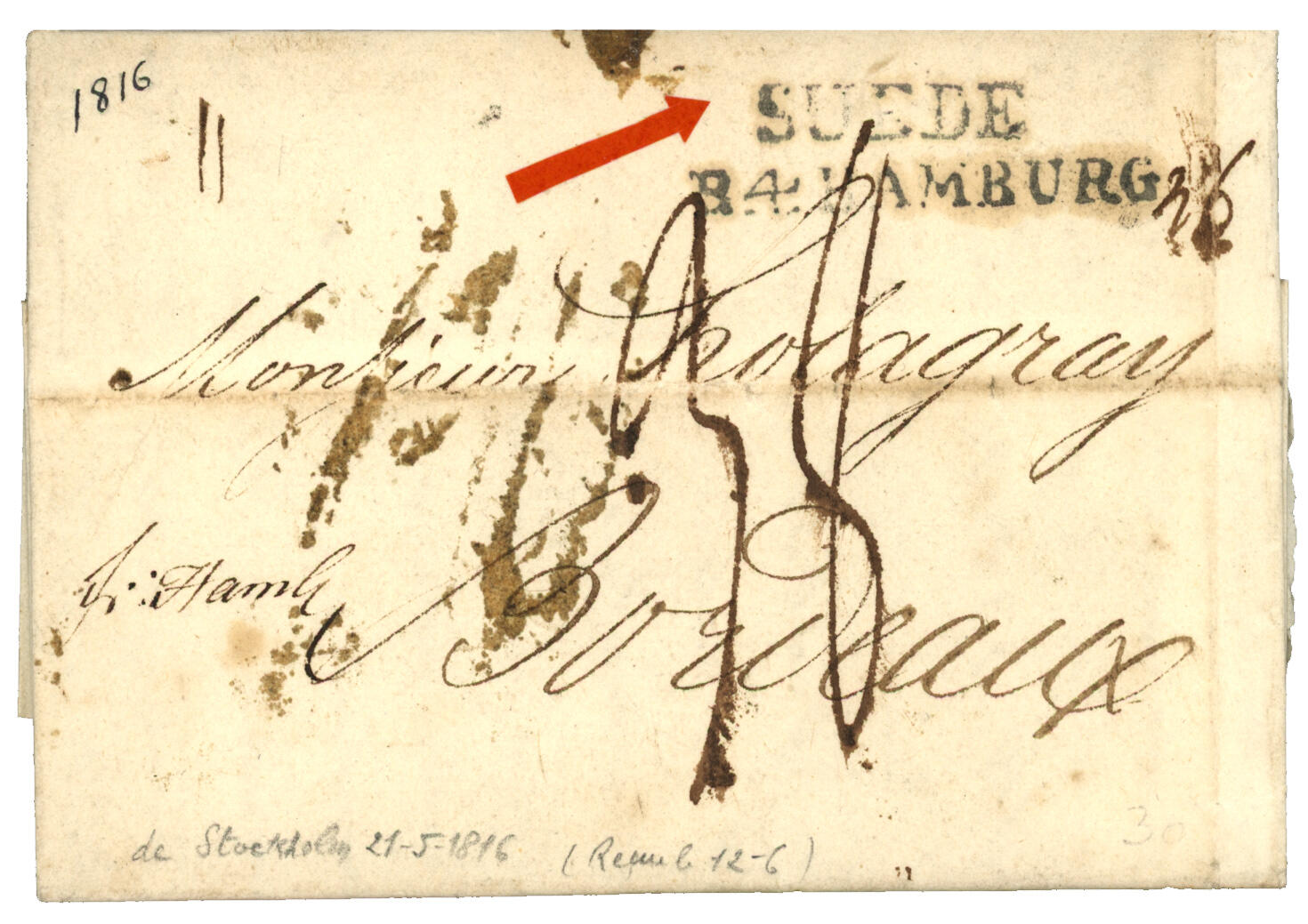 SWEDEN : 1816 Very rare cachet SUEDE / R.4. HAMBURG on entire letter ...