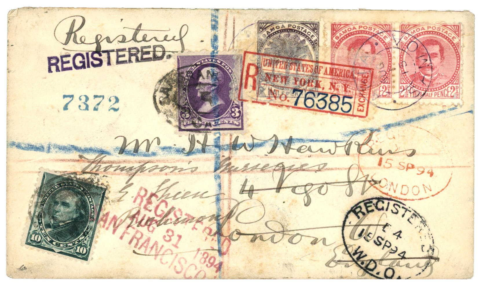 USA / SAMOA : 1894 USA 3c + 10c + SAMOA 1/2d + 2 1/2d (x2) canc. APIA ...