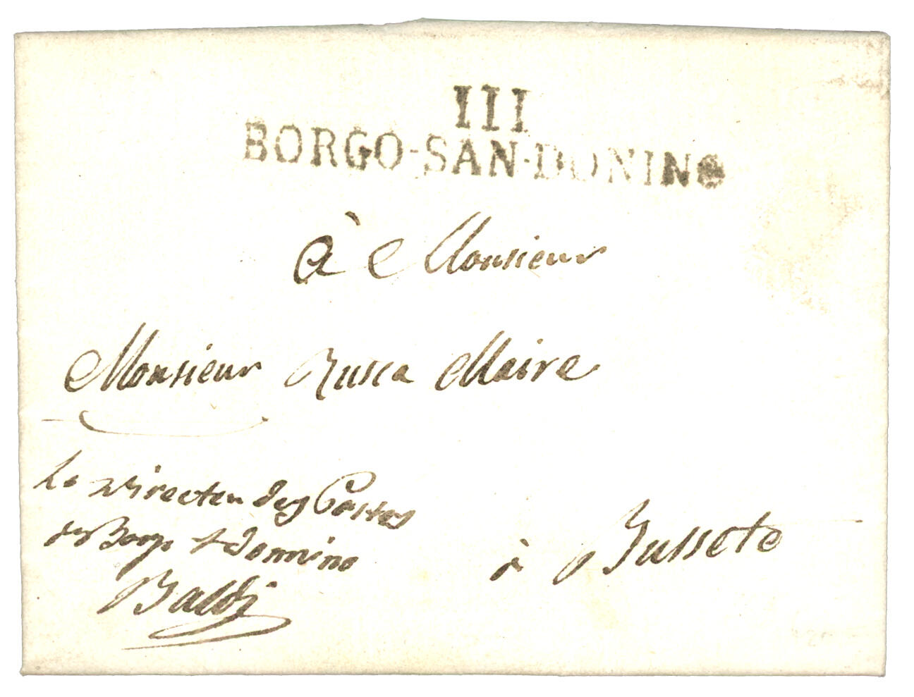 1813 111 BORGO-SAN-DONNINO sur lettre ave texte en Franchise. Superbe