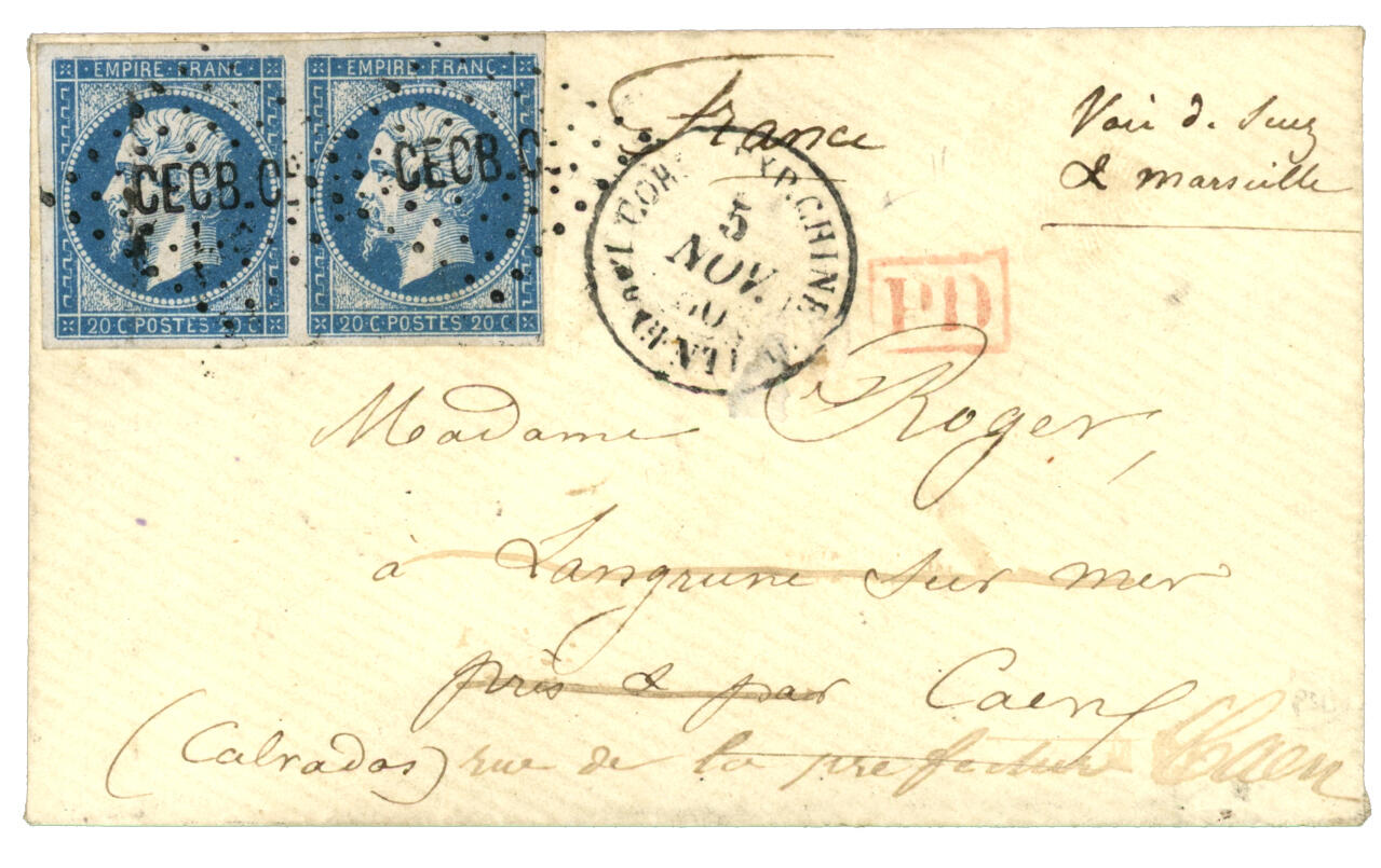 Bureau central - SHANGHAI : 1860 Paire 20c (n°14) TTB margée obl. ...