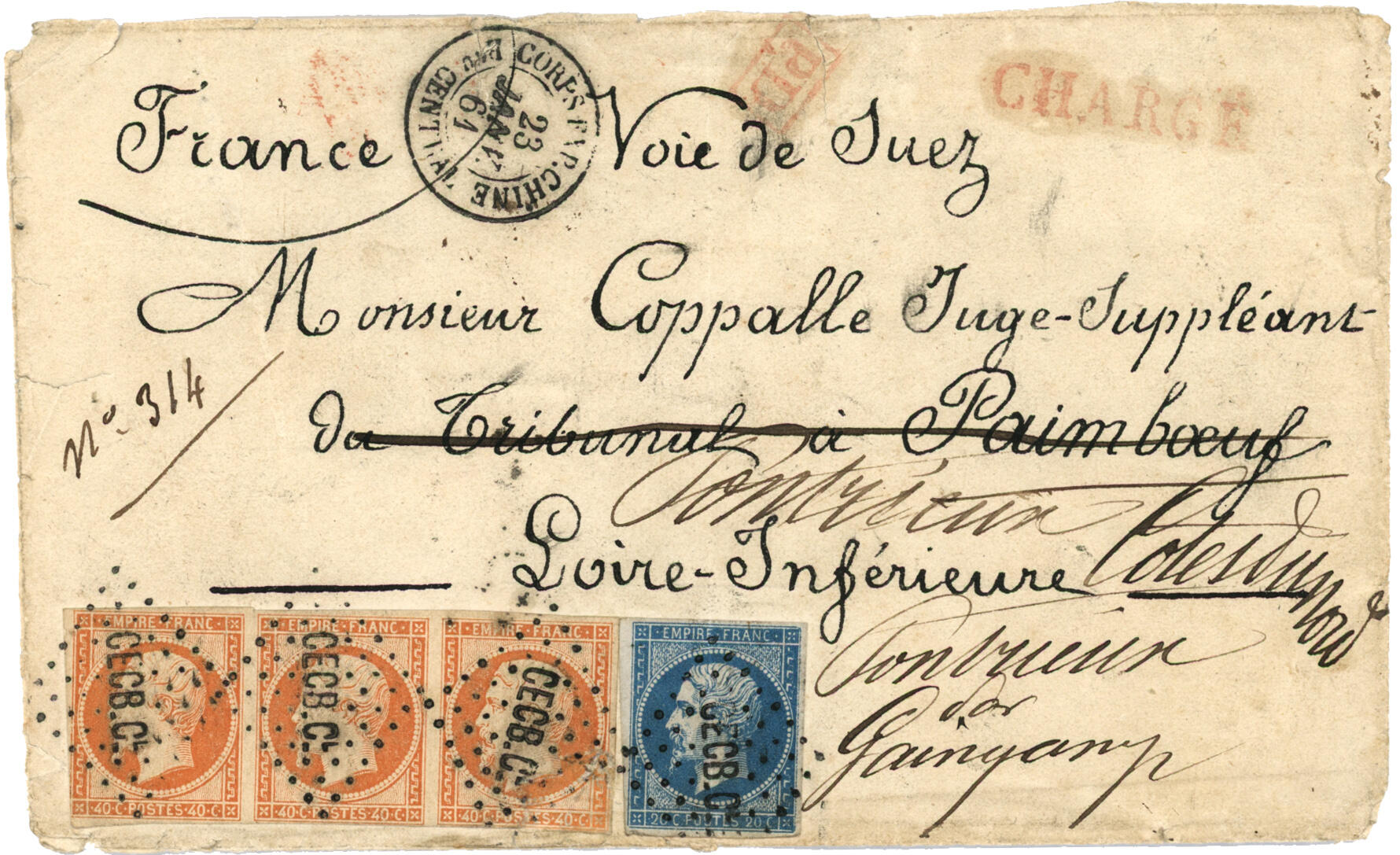 Lettre CHARGEE du CORPS EXP. DE CHINE : 1861 20c (n°14) + 40c ...