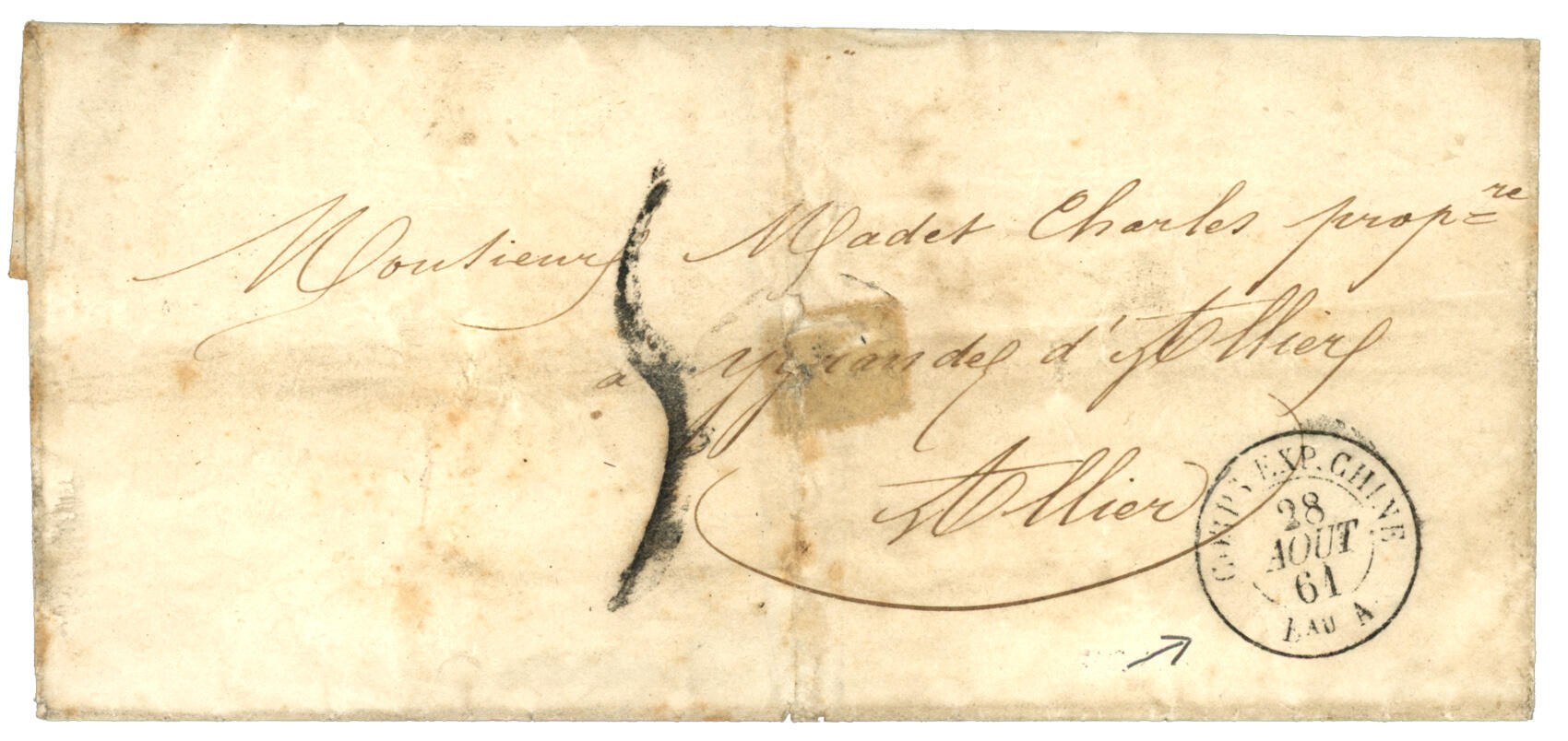 CHINE - Bureau A : 1861 CORPS EXP. CHINE Bau A + Taxe 5 sur lettre ...