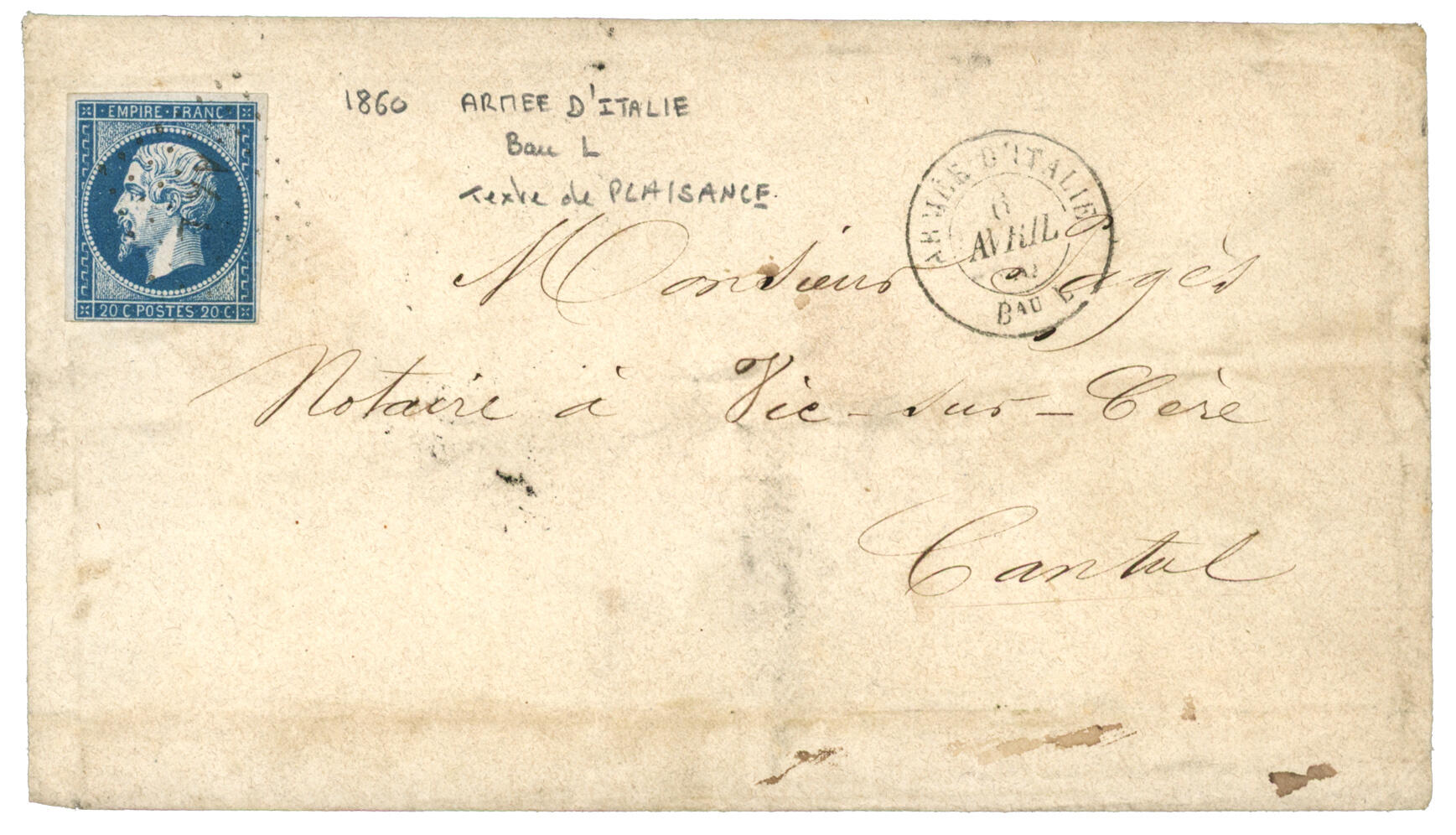 1860 20c (n°14) obl. AAL + ARMEE D' ITALIE Bau L sur enveloppe avec ...