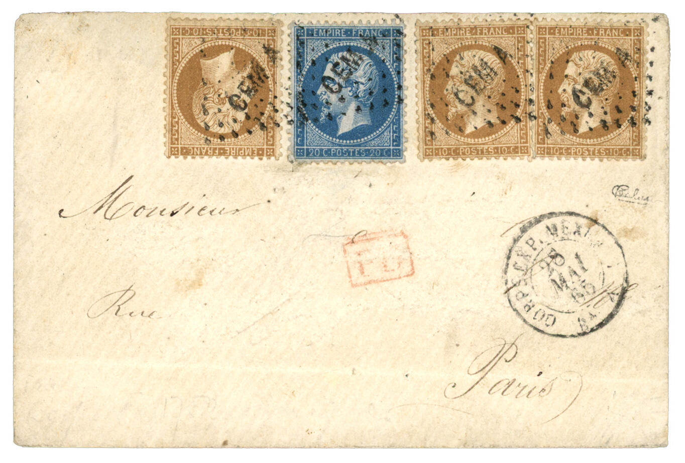 1865 10c (n°21) x3 + 20c (n°22) obl. CEMA + CORPS EXP. MEXIQUE Bau ...